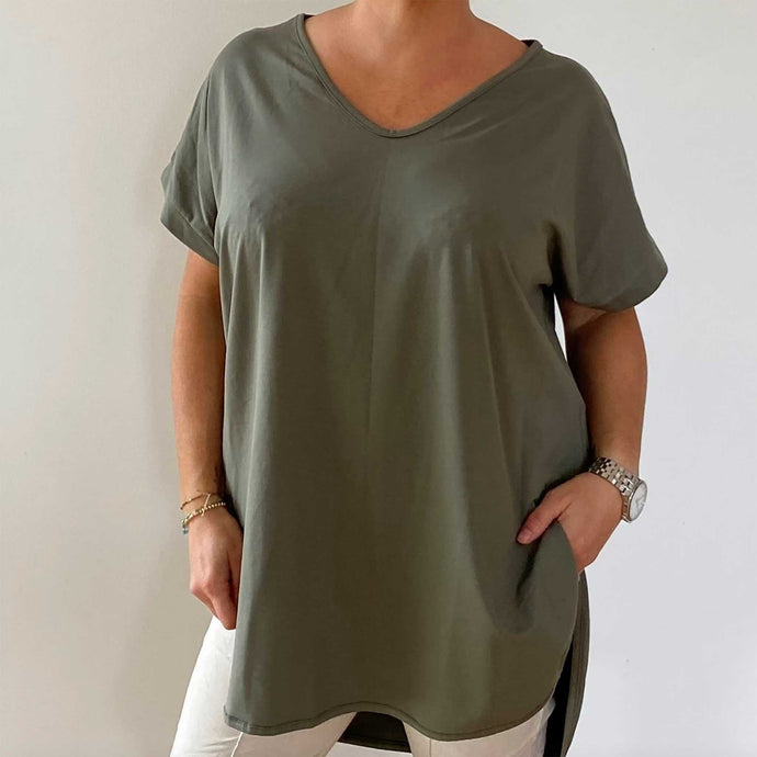 Fifi Loose Fit T Shirt with Baseball Hemline in Sage