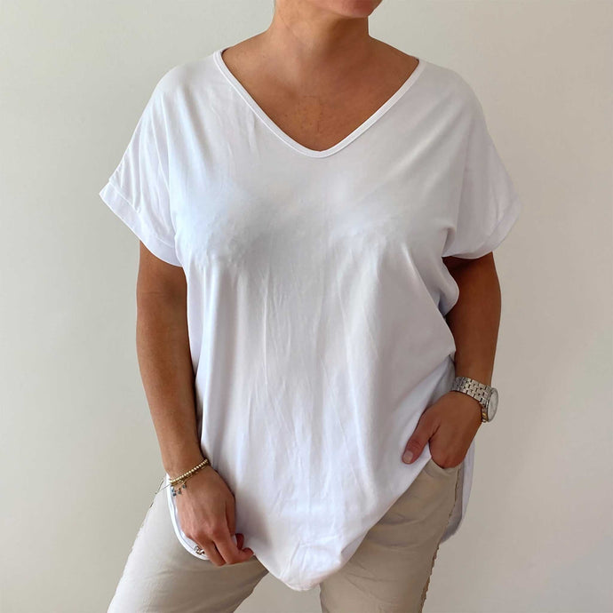 Fifi Loose Fit T Shirt with Baseball Hemline in White