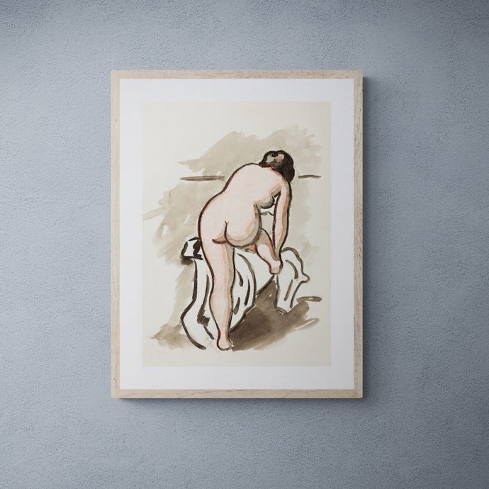 Vintage nude sketch art print framed in oak