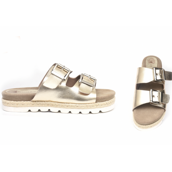 Lola leather slide in light gold with double buckle