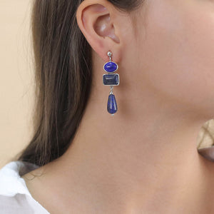 Indigo Silver Stud with 3 Layer Lapis Drop Earrings