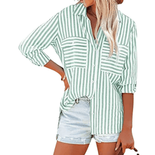 Load image into Gallery viewer, Green and White Striped Button Up Shirt