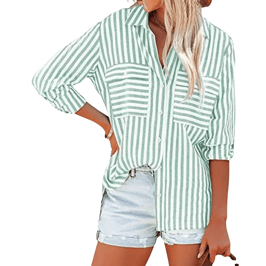 Green and White Striped Button Up Shirt