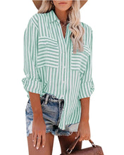Load image into Gallery viewer, Green and White Striped Button Up Shirt