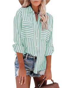 Green and White Striped Button Up Shirt