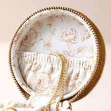Load image into Gallery viewer, Mustard Round Velvet Jewellery Case with Floral Lining