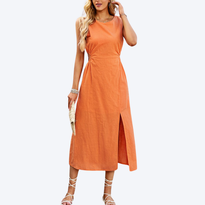 Round Neck Side Cut Out Fully Lined Maxi Dress Orange