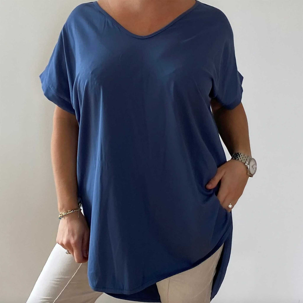 Fifi Loose Fit T Shirt with Baseball Hemline in Blue Jean