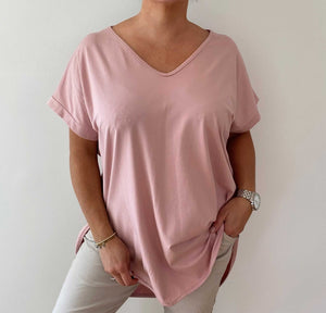 Fifi Loose Fit T Shirt with Baseball Hemline in Blush Pink