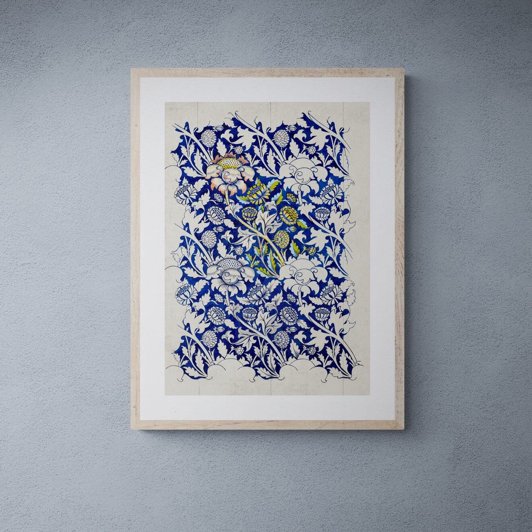 William Morris blue floral art print framed in oak