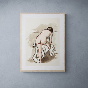 Vintage nude sketch art print framed in oak