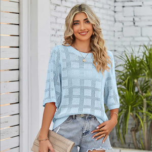 Cotton Relaxed Crochet Top in Baby Blue