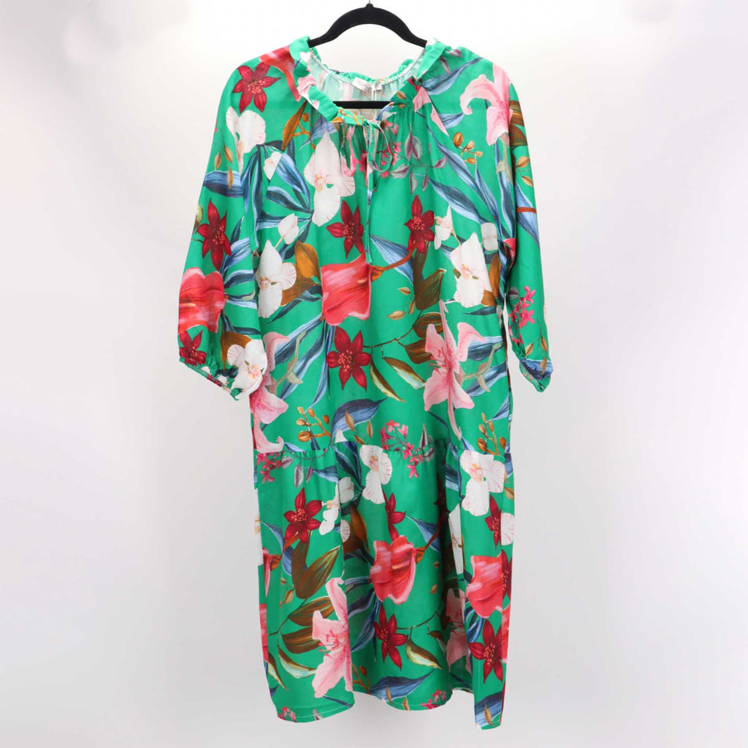 Linen and Cotton Floral Dress with Green Background