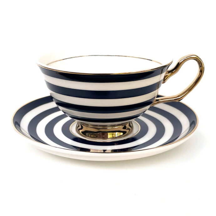 Navy Stripe Teacup and Saucer with gold highlights