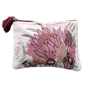 Clutch bag with embroidered flowers and burgundy tassel