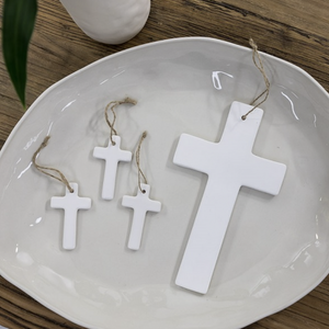 Hanging white display cross with twine 