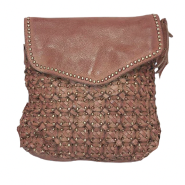 Iris Shoulder Bag Tan with studded flap and textured woven feature