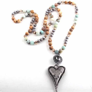 Bohemian Tribal Soft Blue and Beige Stone Necklace with Love Heart
