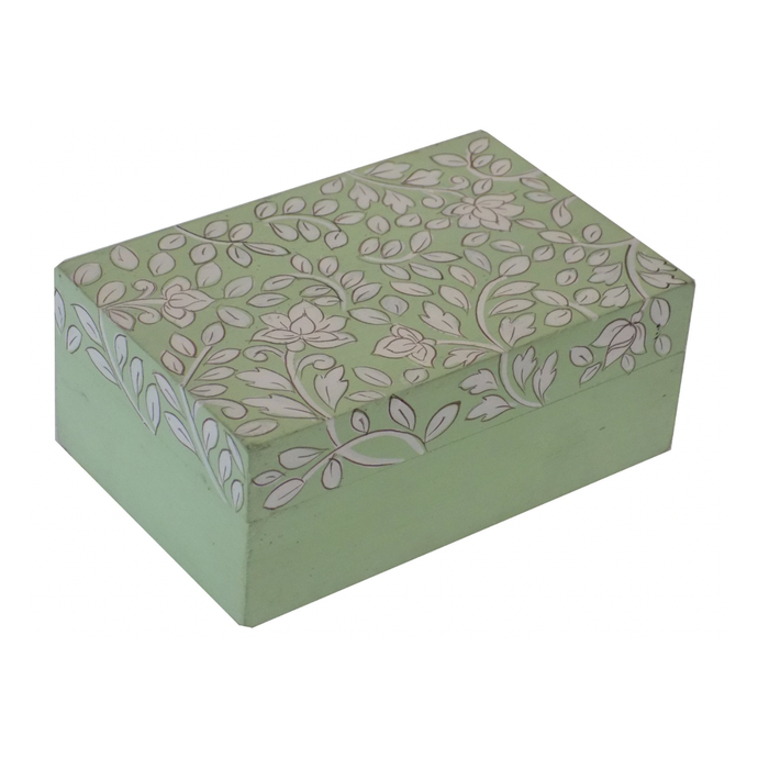 Hand painted wooden box in light green with leaf pattern 15x10x6cm