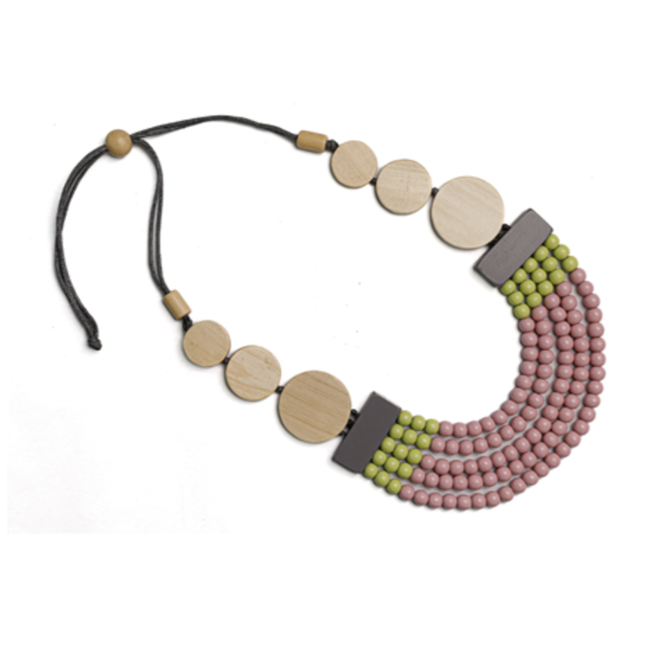 Jacqui pink and lime green beaded necklace with flat wooden circles on leather necklace