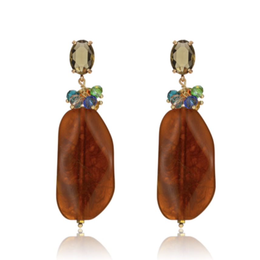 Harper Fado large amber drop earrings with coloured crystal clusters and brown crystal stud