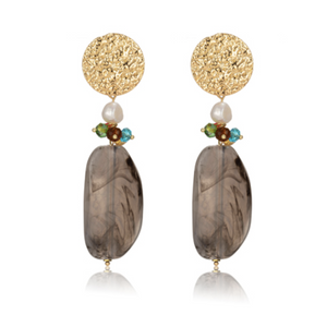 Harper Fado large grey stone drop earrings with coloured crystal cluster and pearl on rough golden circle stud