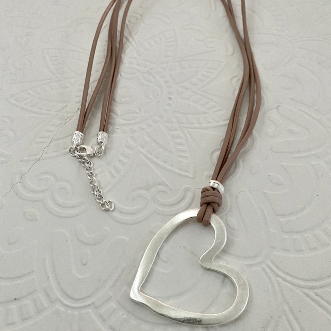 Harmonie collection brown leather strand open silver heart necklace