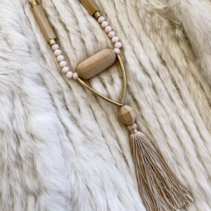 Tassel necklace with wooden beads and brass separators, drop length approx 60cm