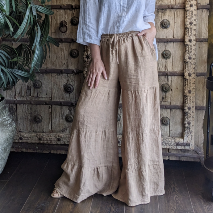 Camel Lucia Palazzo Linen Pants with Layered Leg