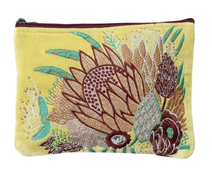 Yellow and Floral Embroidered Clutch with Tassel
