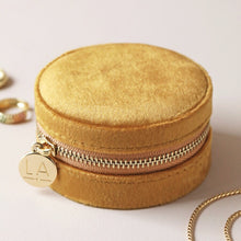 Load image into Gallery viewer, Mustard Round Velvet Jewellery Case with Floral Lining